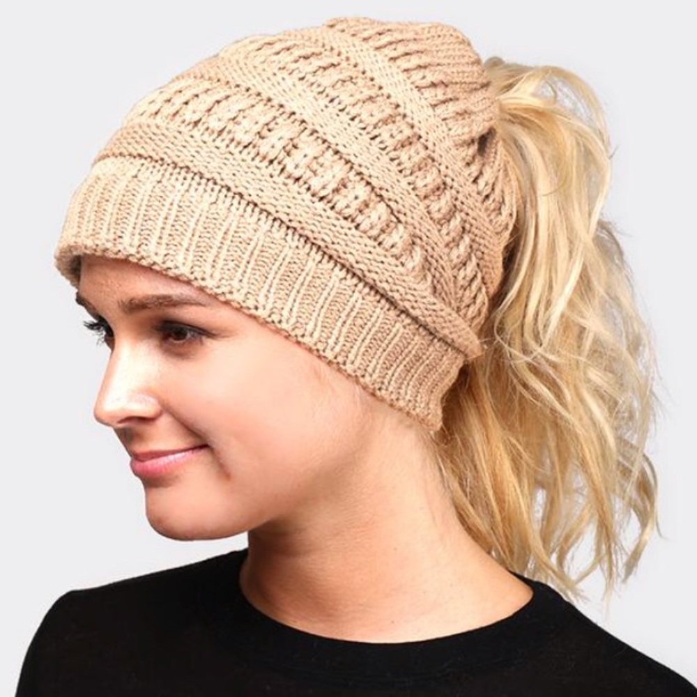 Beige Ponytail Beanie
